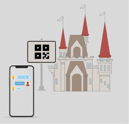 Illustration: Burg mit QR-Code-Schild und Smartphone mit Chat